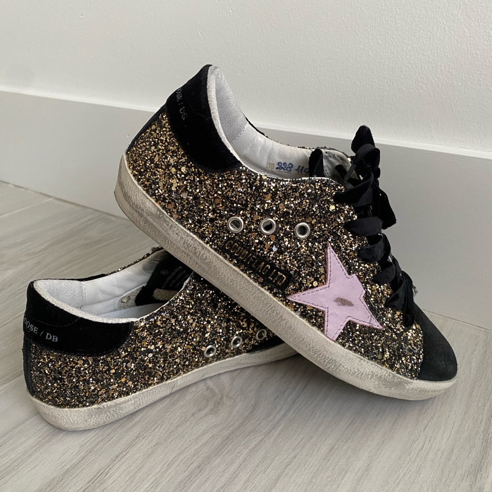 GOLDEN GOOSE GGDB/FLAG LTD Pink Star Gold & Black Glitter Low-Top